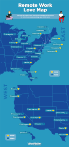 Map of different cities in the US with a love or hate relationship with working from home